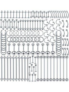 150+ Body Piercing Jewelry Set - 14G 16G 20G Stainless Steel Nose, Lip, Tongue
